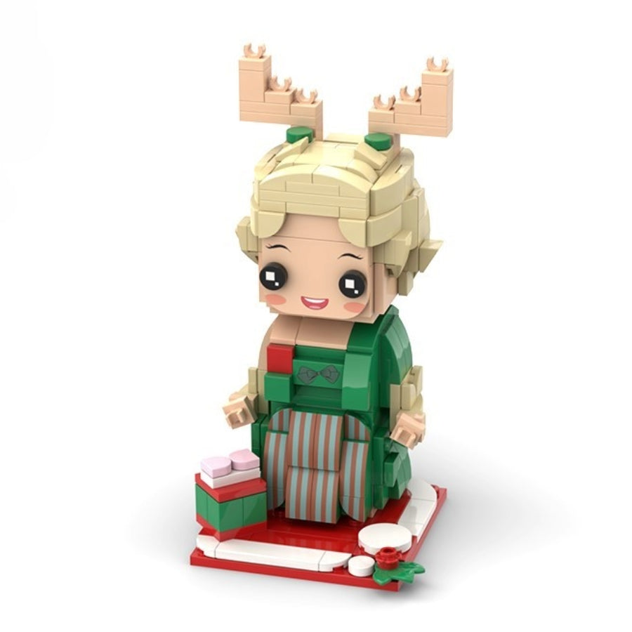 Custom mini brick figure in green holiday outfit with antlers, striped pants, and Christmas gifts – festive collectible from MiniMate Store