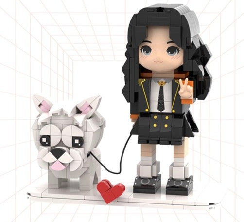 Custom mini brick figure girl in school uniform holding peace sign with white bulldog on a leash and heart base – pet-themed collectible by MiniMate Store