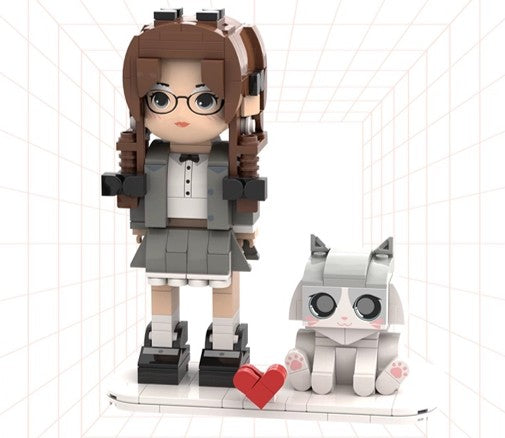 Custom mini brick figure girl in grey school uniform with glasses, standing beside a grey and white cat on a heart base – pet gift by MiniMate Store