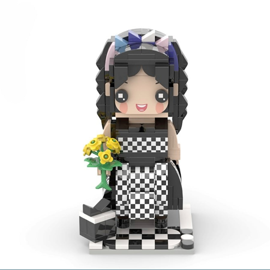 Custom mini brick figure in black and white checkered dress with bows and sunflowers – unique collectible gift by MiniMate Store