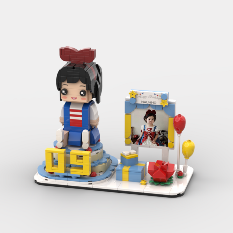 Custom mini brick figure of little girl in red bow and striped overalls on blue birthday cake with number 09, photo frame, presents, balloons – personalised 9th birthday gift by MiniMate Store