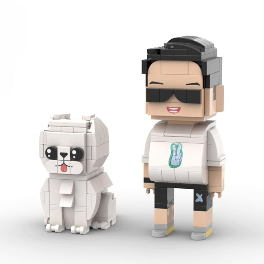 Custom mini brick figure in sunglasses with peace sign shirt and matching white dog – personalised pet and owner collectible from MiniMate Store
