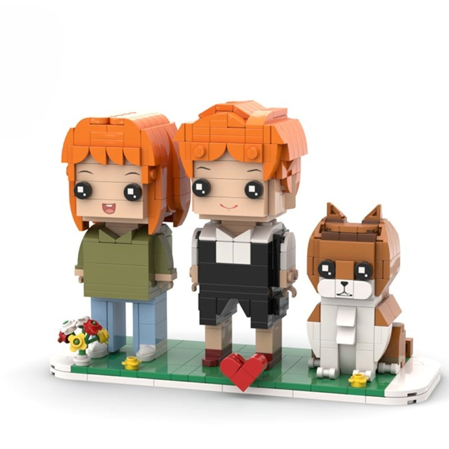 Custom mini brick figures of two red-haired people with brown and white dog on a heart-decorated base – family-themed collectible from MiniMate Store